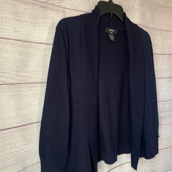 Verve Ami Navy Blue Cardigan Sweater Open Front Elbow Length Sleeves Size Small - Picture 13 of 13